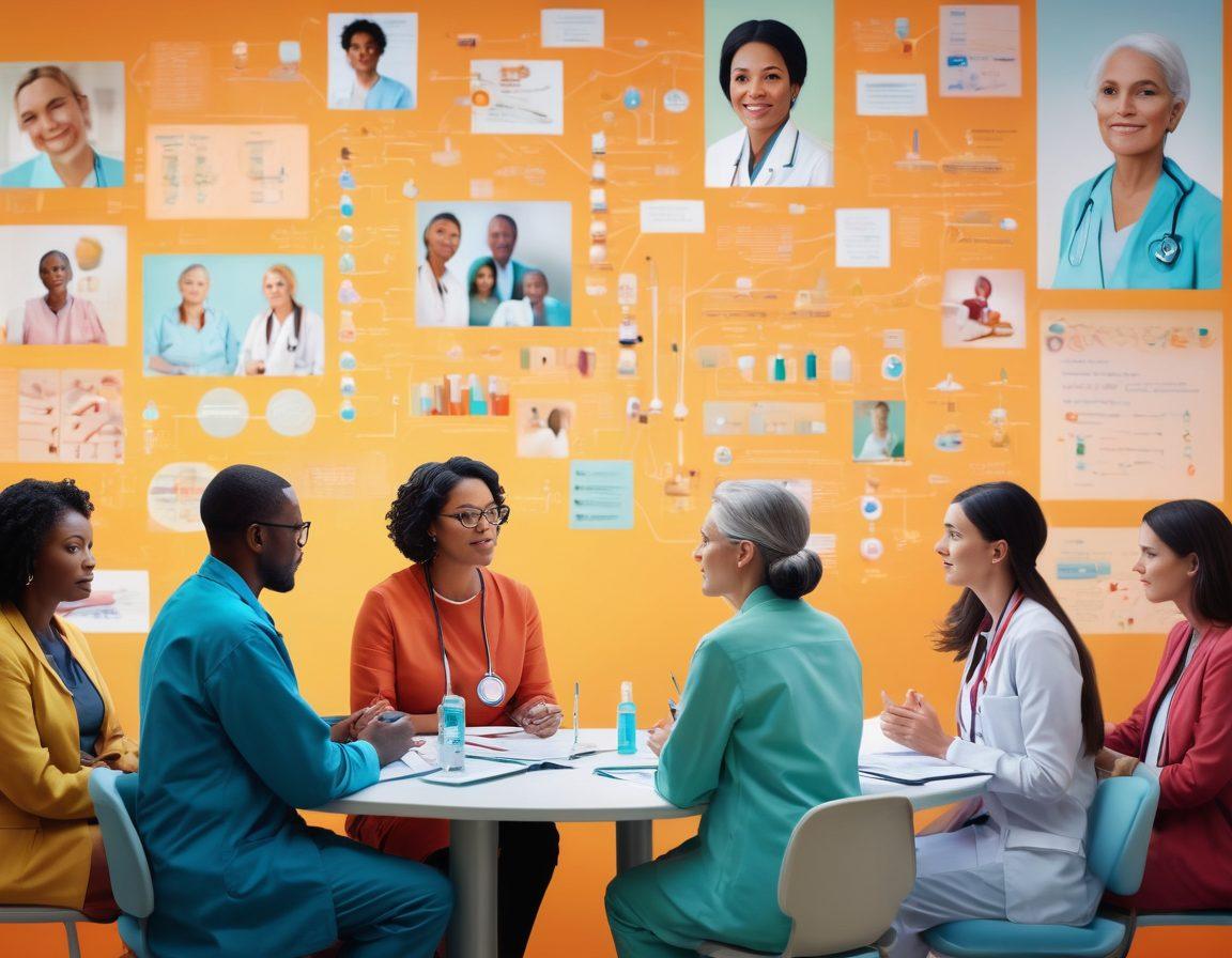 A diverse group of patients engaged in a collaborative discussion with healthcare professionals, surrounded by visual representations of various treatment options like medication, therapy, and support networks. The scene is warm and inviting, featuring bright colors and an uplifting atmosphere, highlighting unity and empowerment. Infographics subtly integrate into the background to symbolize knowledge and support. super-realistic. vibrant colors. soft-focus background.