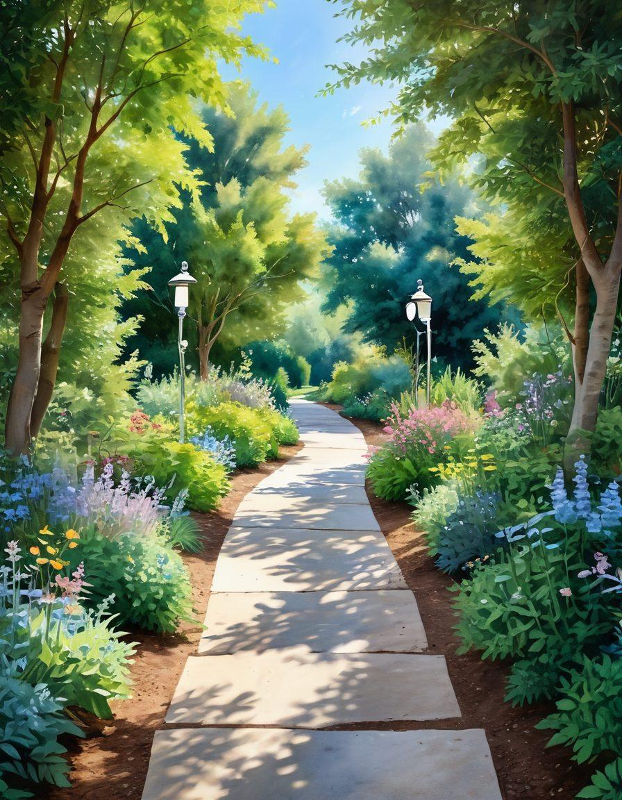 A serene pathway leading through a lush garden, symbolizing hope and healing, with gentle sunlight filtering through the leaves. Along the path, subtle representations of medical tools and community support, like hands holding each other and a stethoscope. A calming blue sky overhead, depicting optimism amidst challenges. watercolor style. soft pastel colors.
